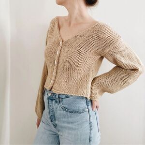 Erik Stewart Cotton Chunky Knit V Neck Cardigan in Creamy Beige L
